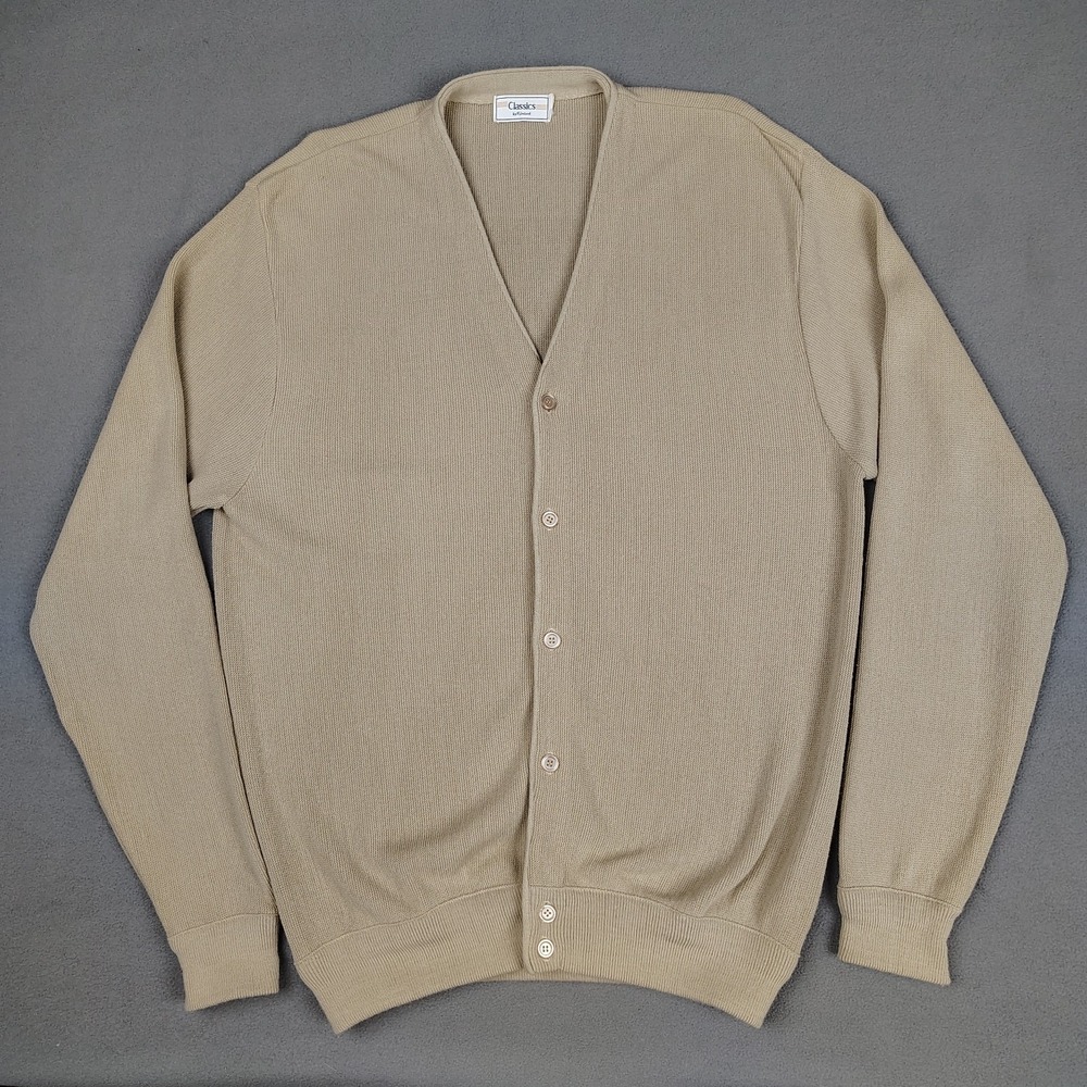 Vintage‎ 70s Knit Cardigan Sweater Mens Large Tan Button Up Golfing Grandpa EC